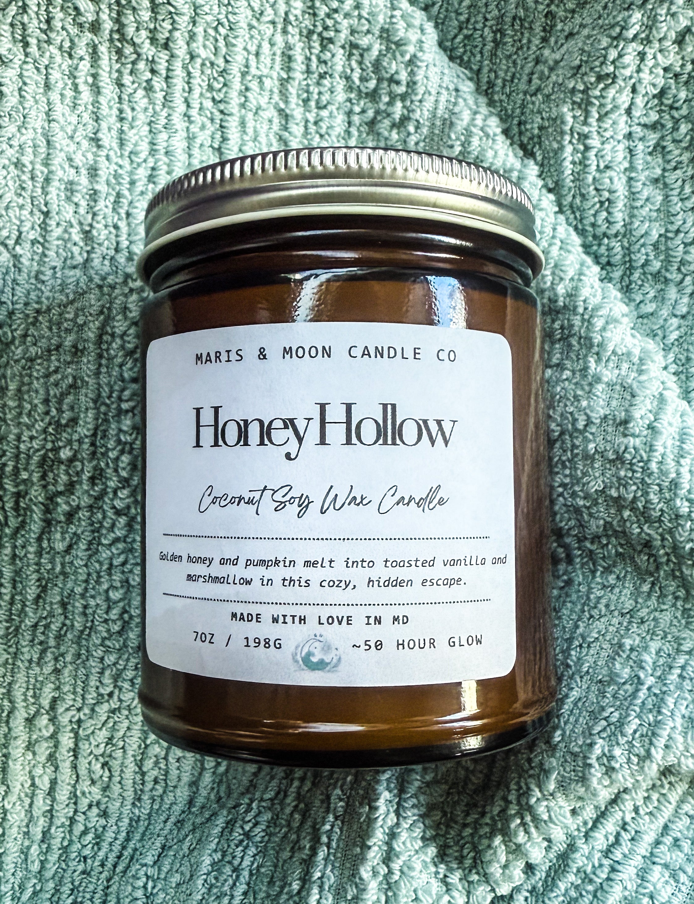 Honey Hollow 7oz Amber jar candle with crystal