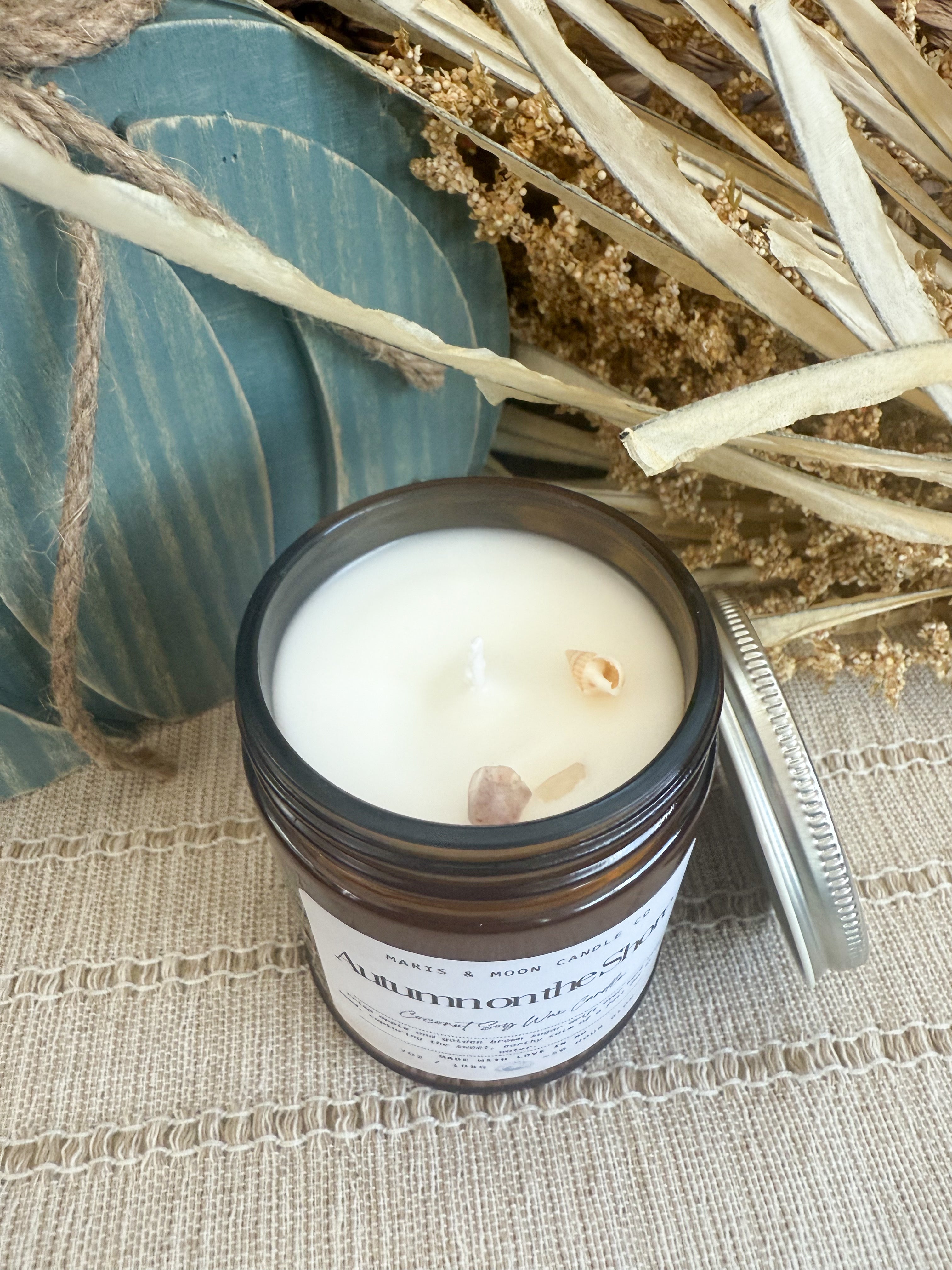 Autumn on the Shore 7oz Amber jar candle with crystals