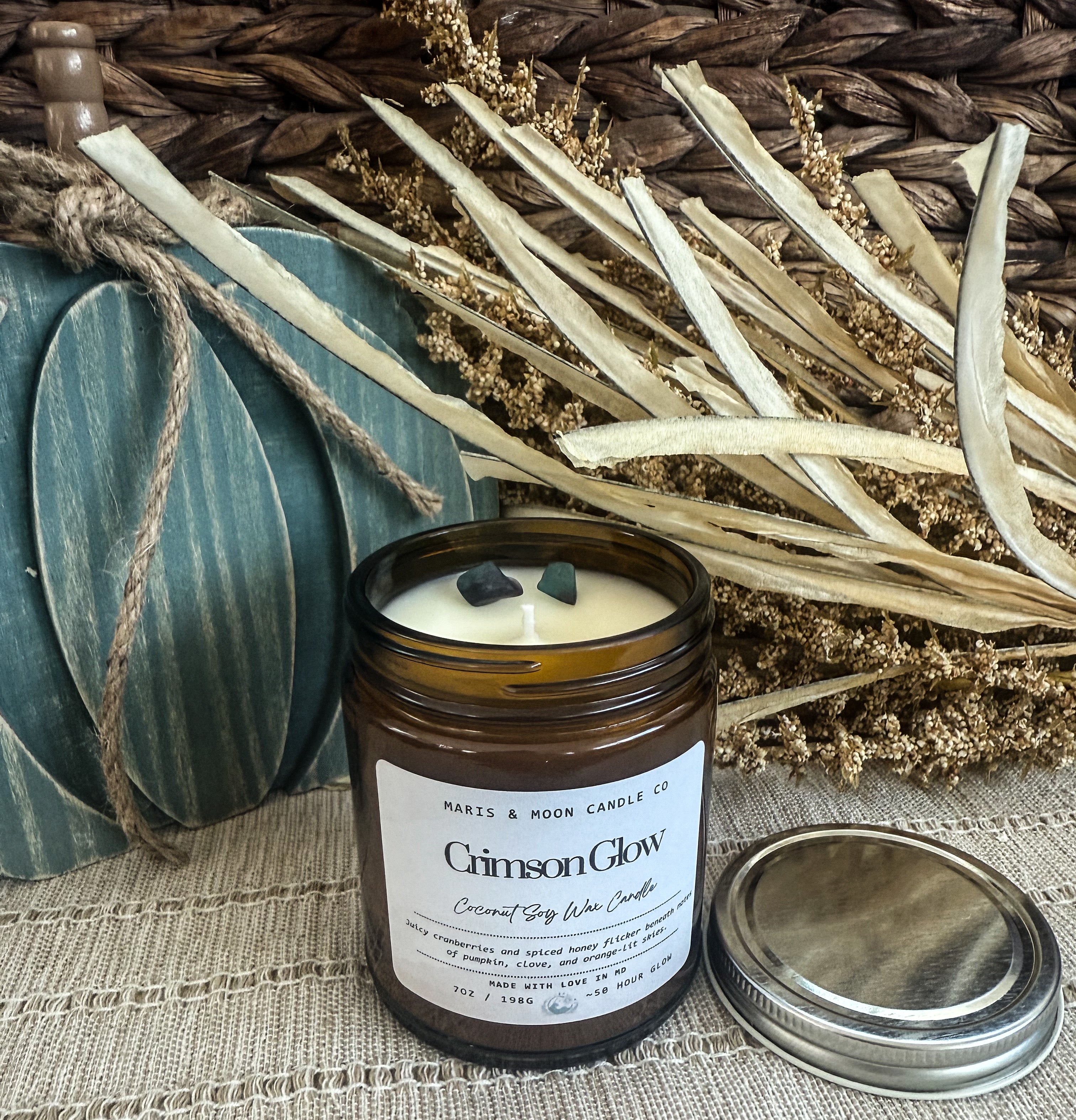 Crimson Glow 7oz Amber jar candle with crystals