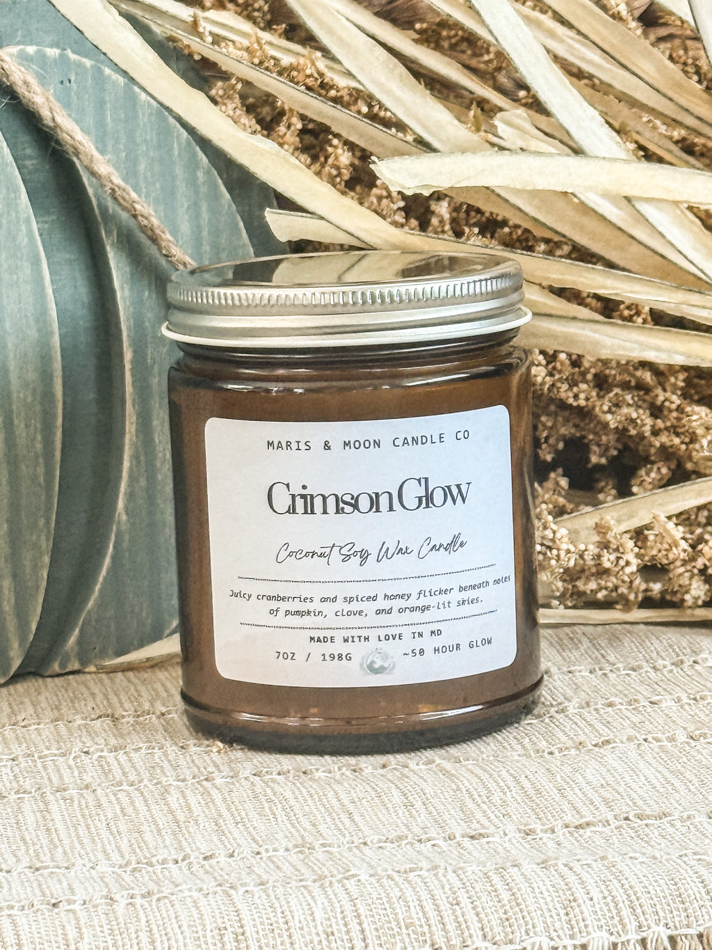 Crimson Glow 7oz Amber jar candle with crystals