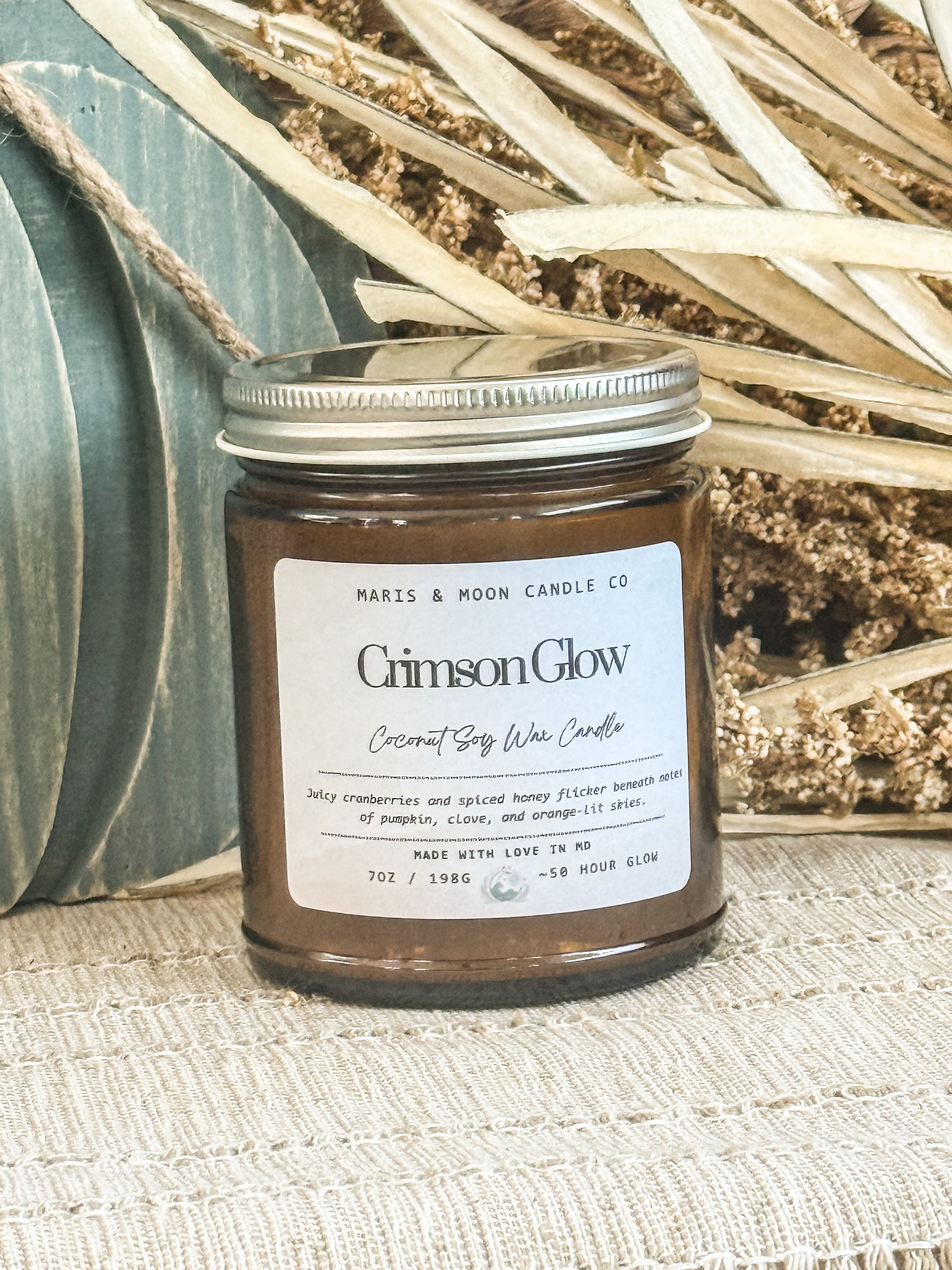 Crimson Glow 7oz Amber jar candle with crystals