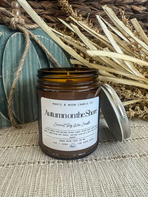 Autumn on the Shore 7oz Amber jar candle with crystals