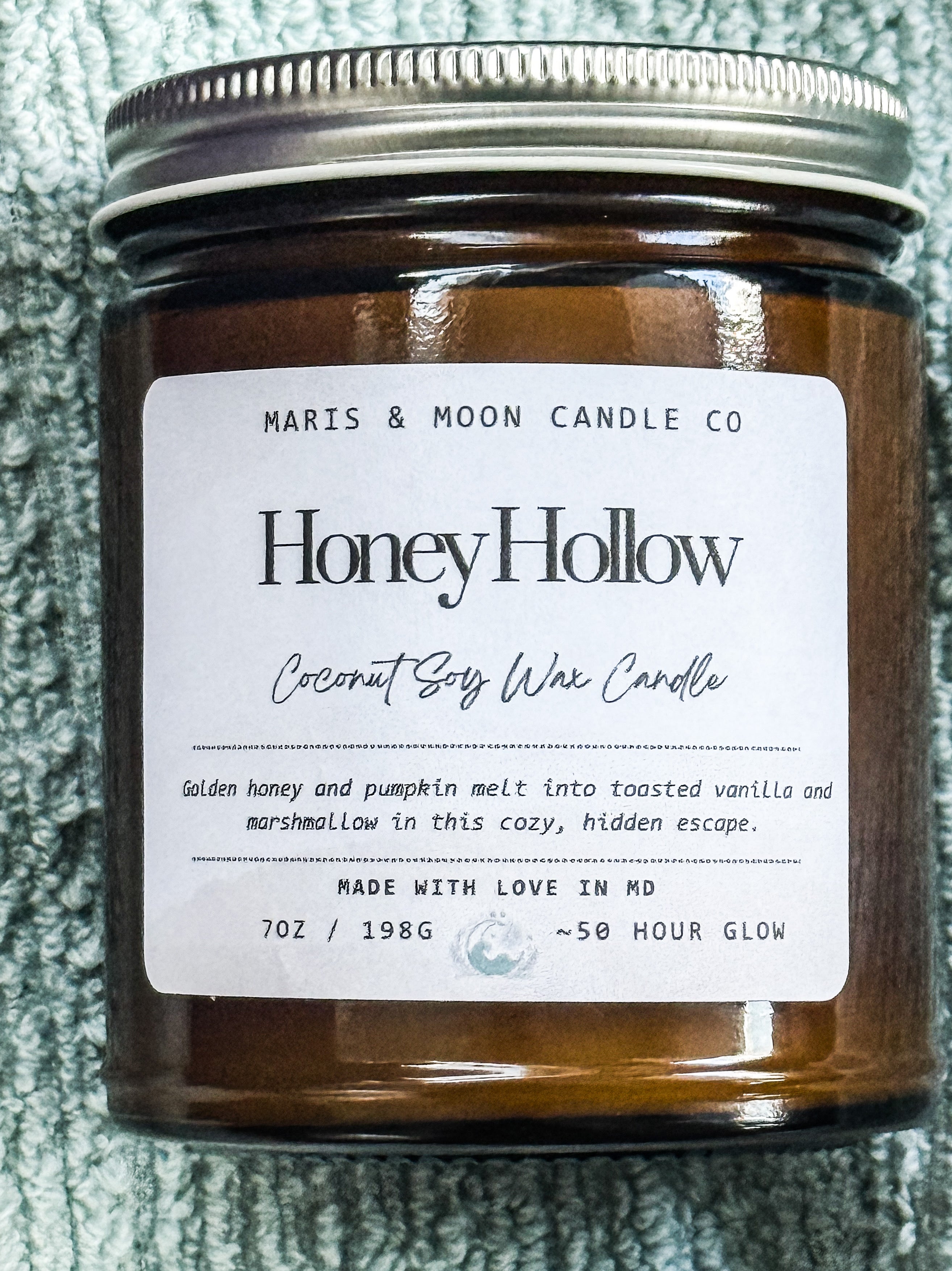 Honey Hollow 7oz Amber jar candle with crystal