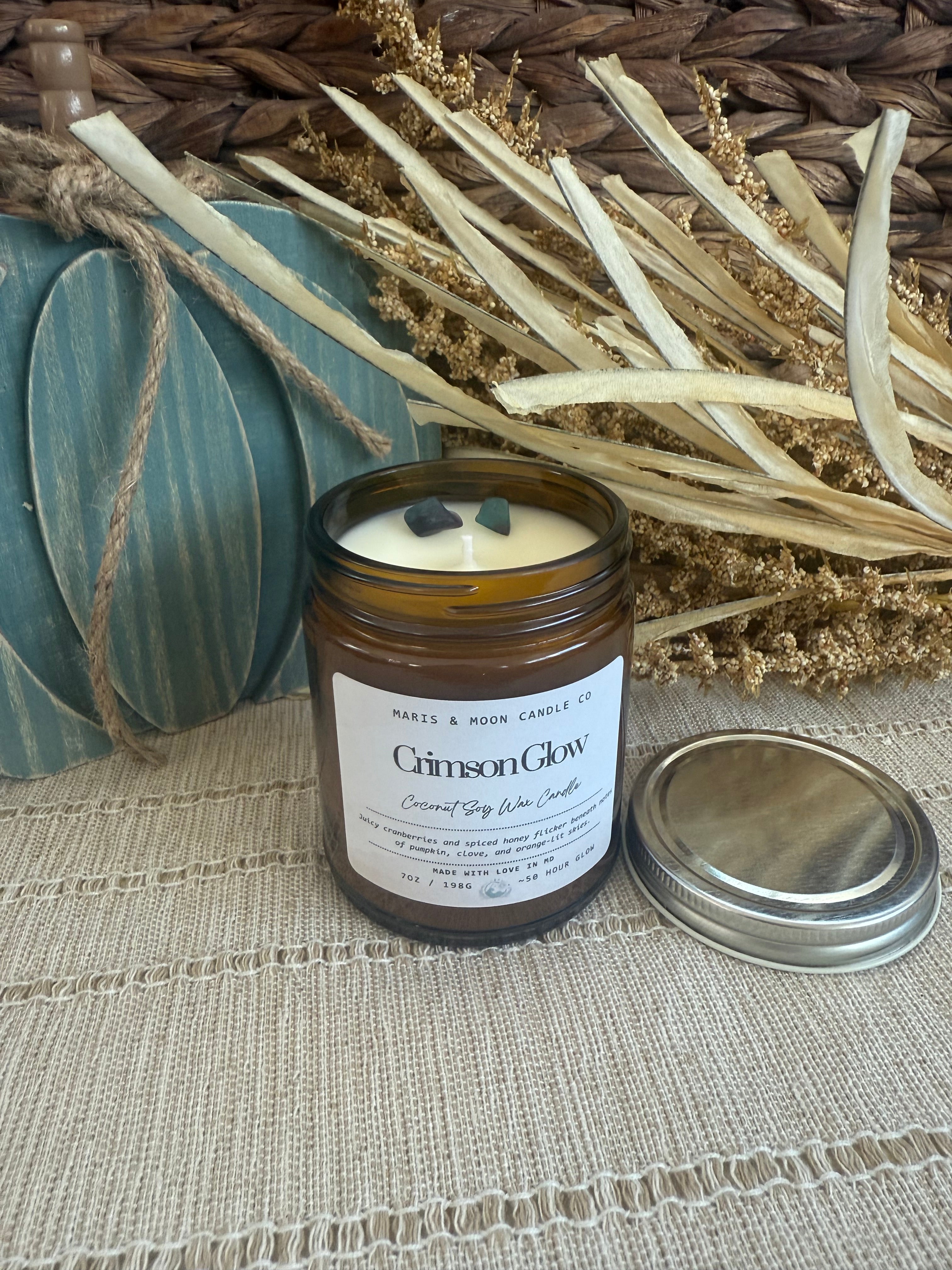 Crimson Glow 7oz Amber jar candle with crystals