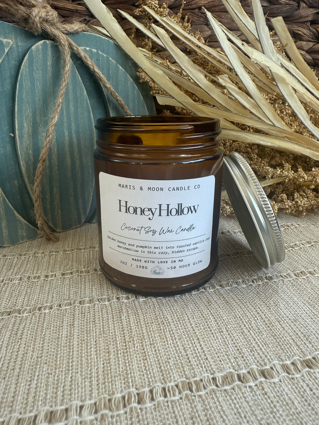 Honey Hollow 7oz Amber jar candle with crystal