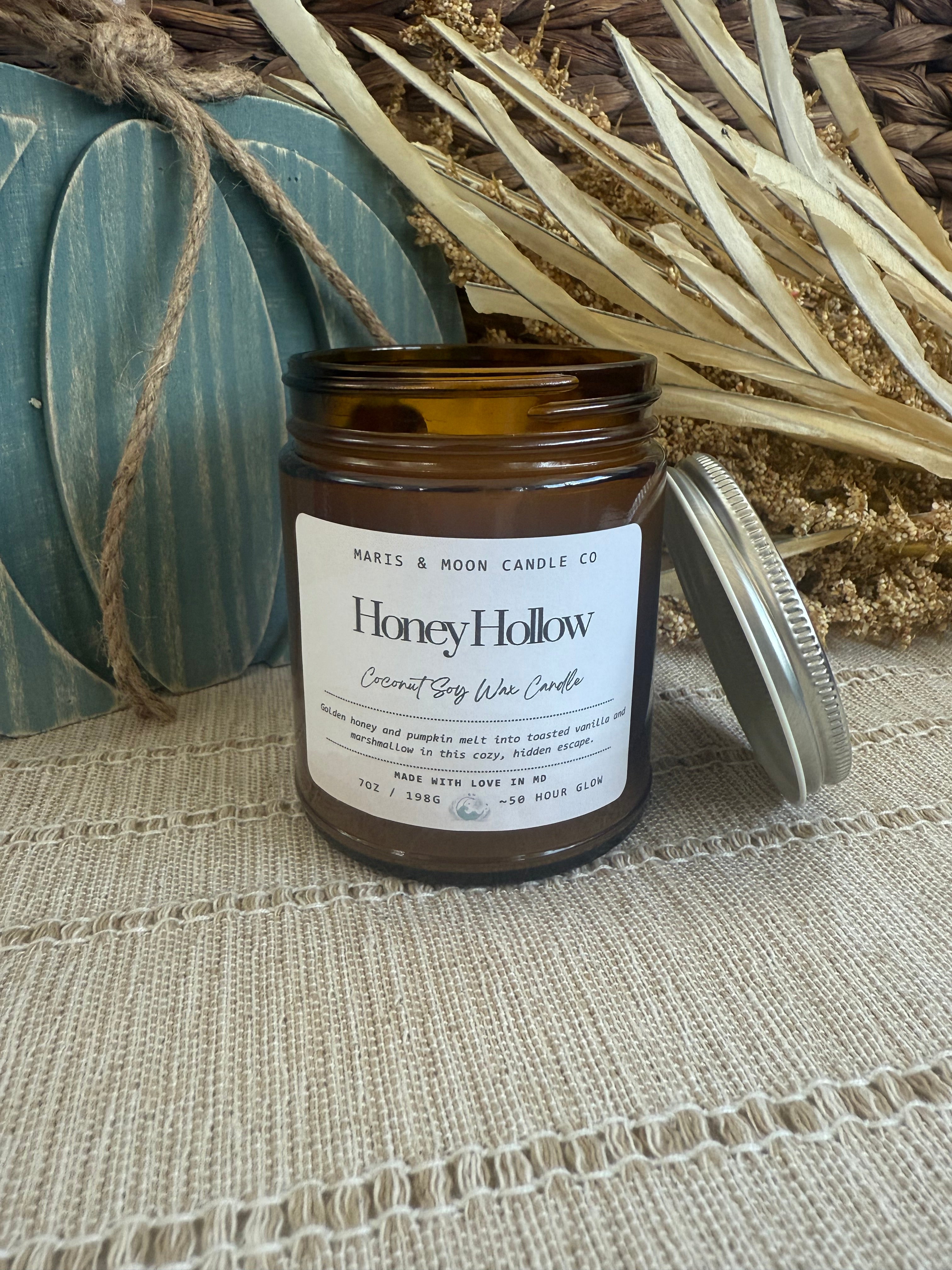 Honey Hollow 7oz Amber jar candle with crystal