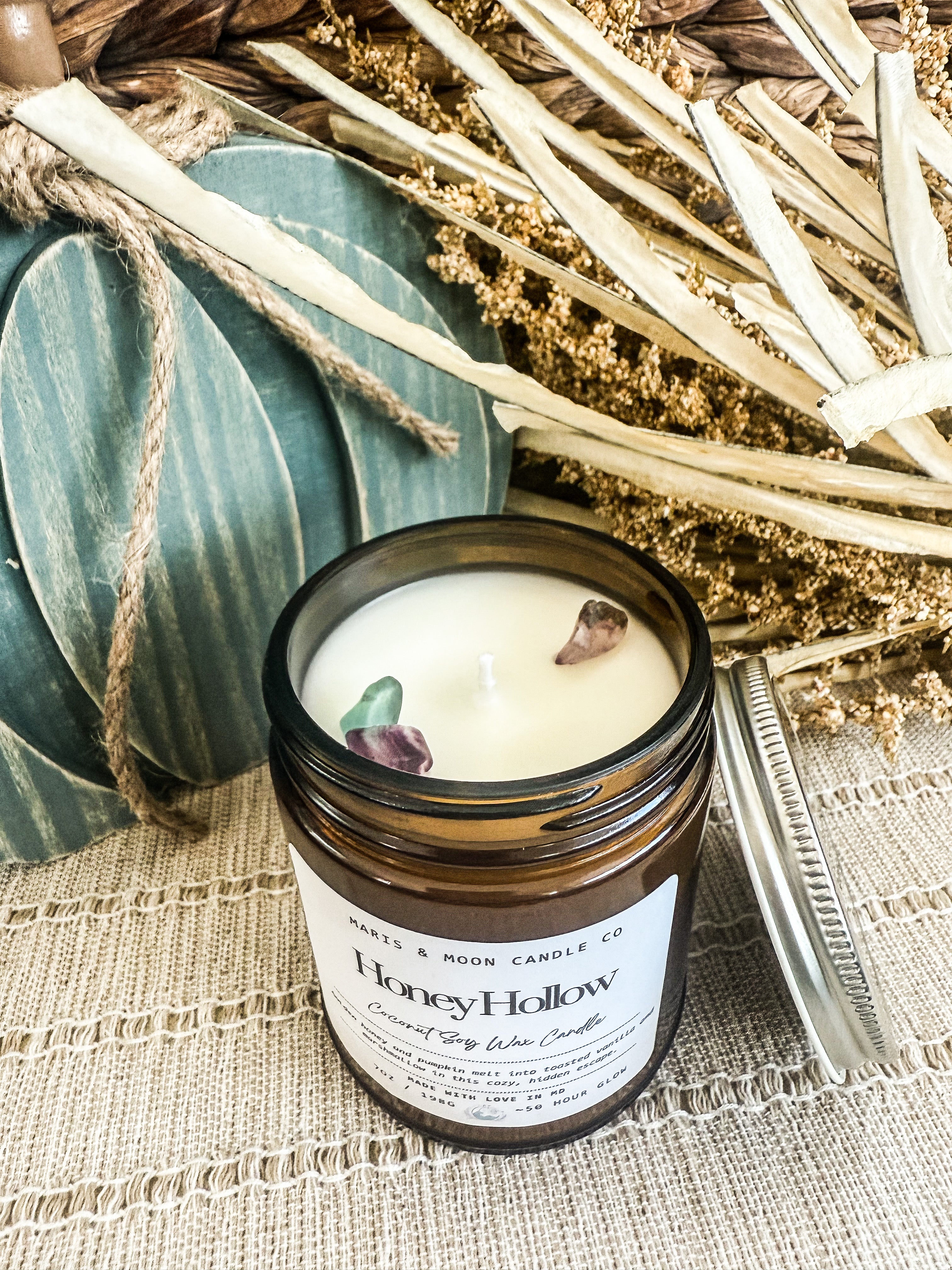 Honey Hollow 7oz Amber jar candle with crystal