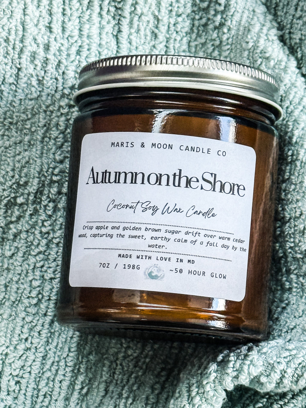 Autumn on the Shore 7oz Amber jar candle with crystals