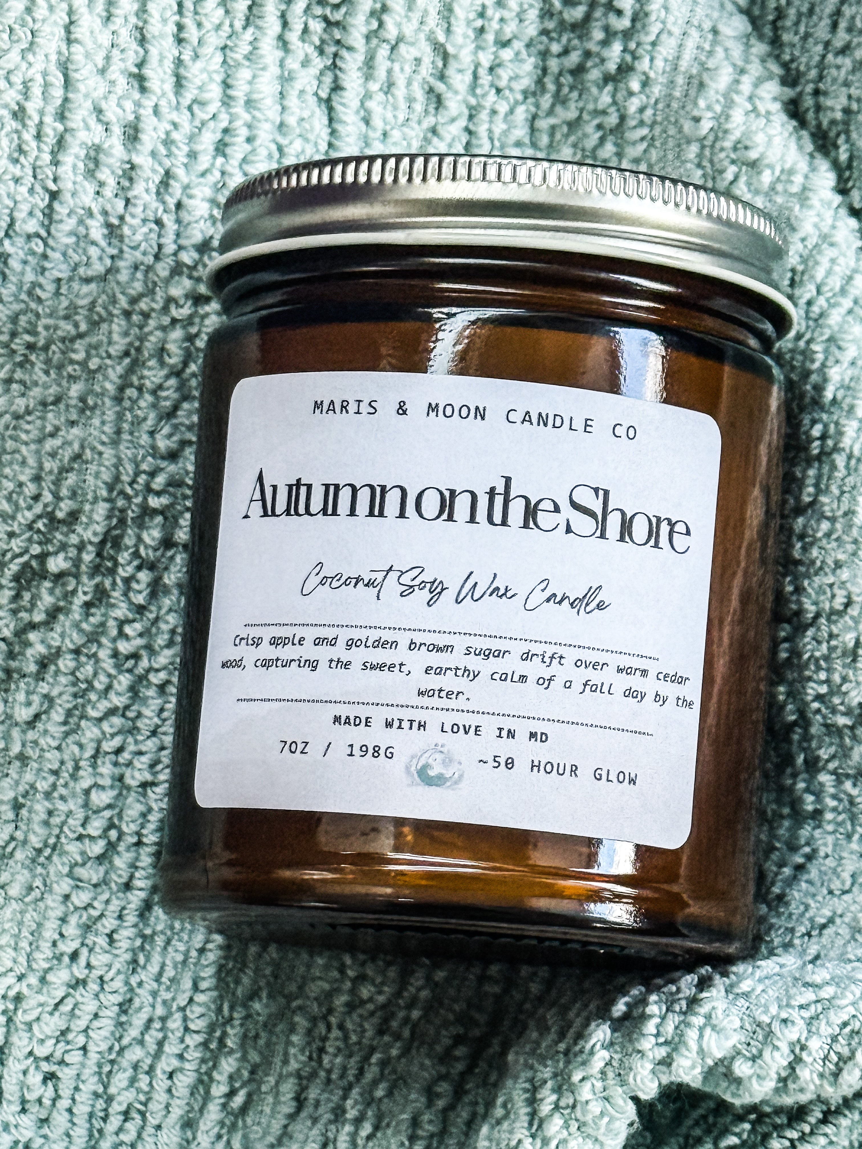 Autumn on the Shore 7oz Amber jar candle with crystals