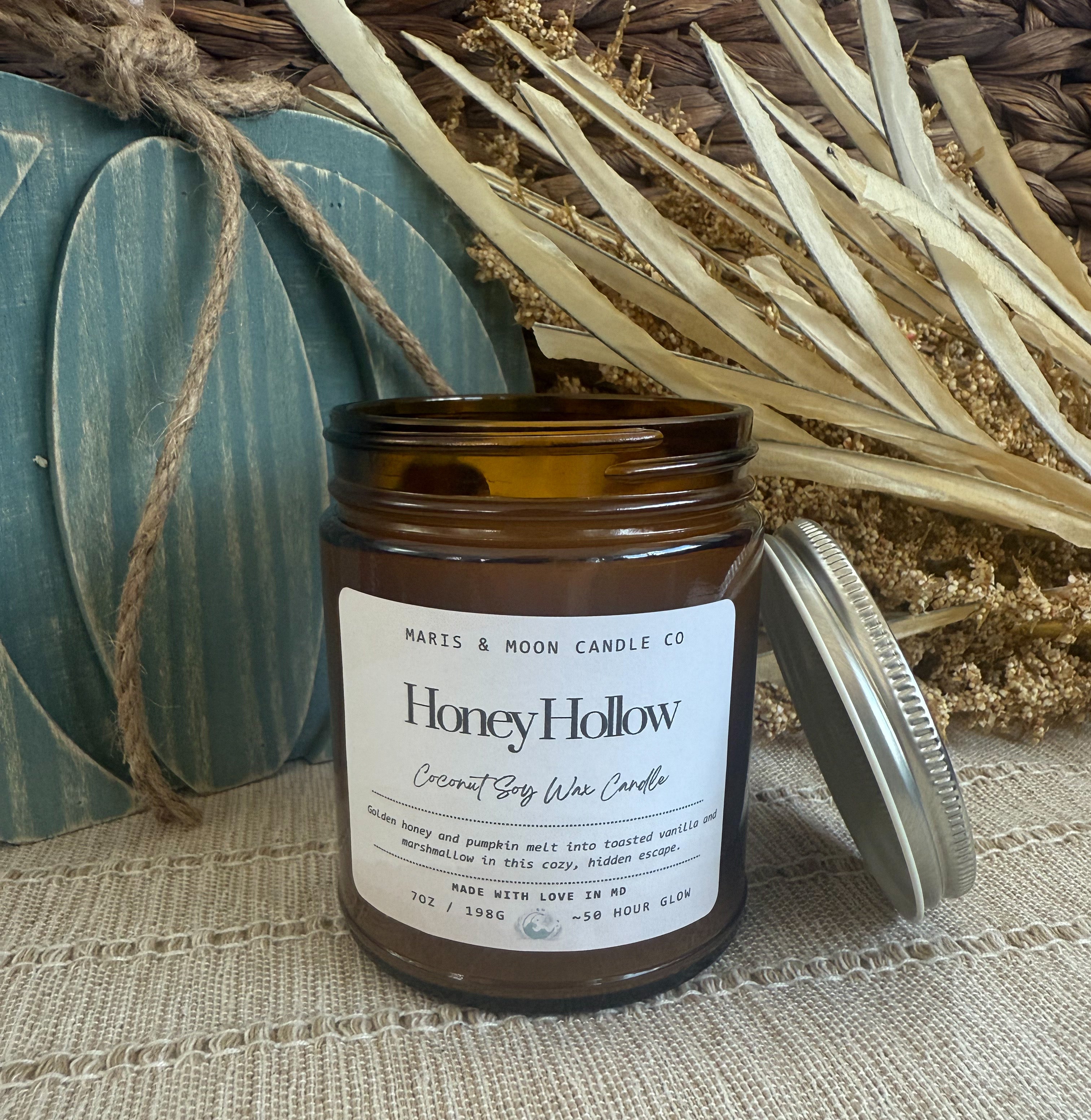Honey Hollow 7oz Amber jar candle with crystal