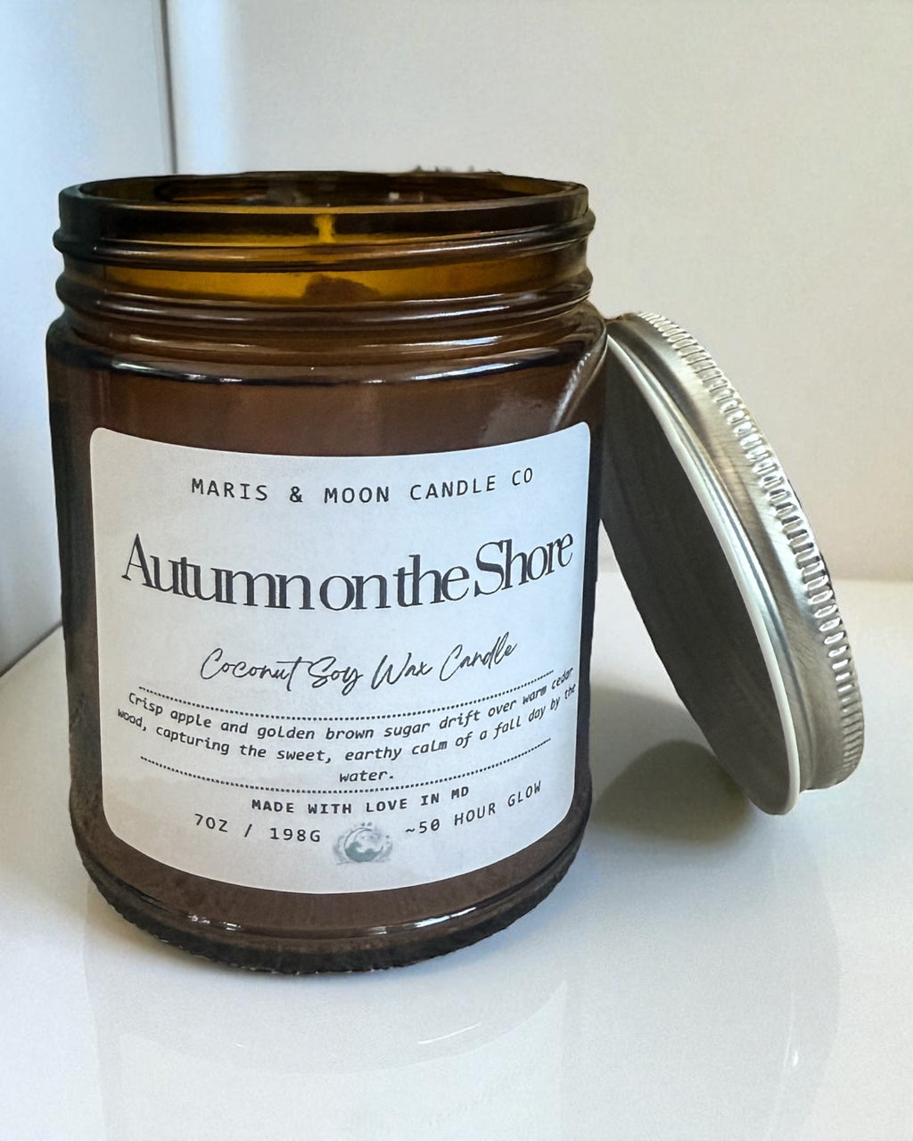 Autumn on the Shore 7oz Amber jar candle with crystals