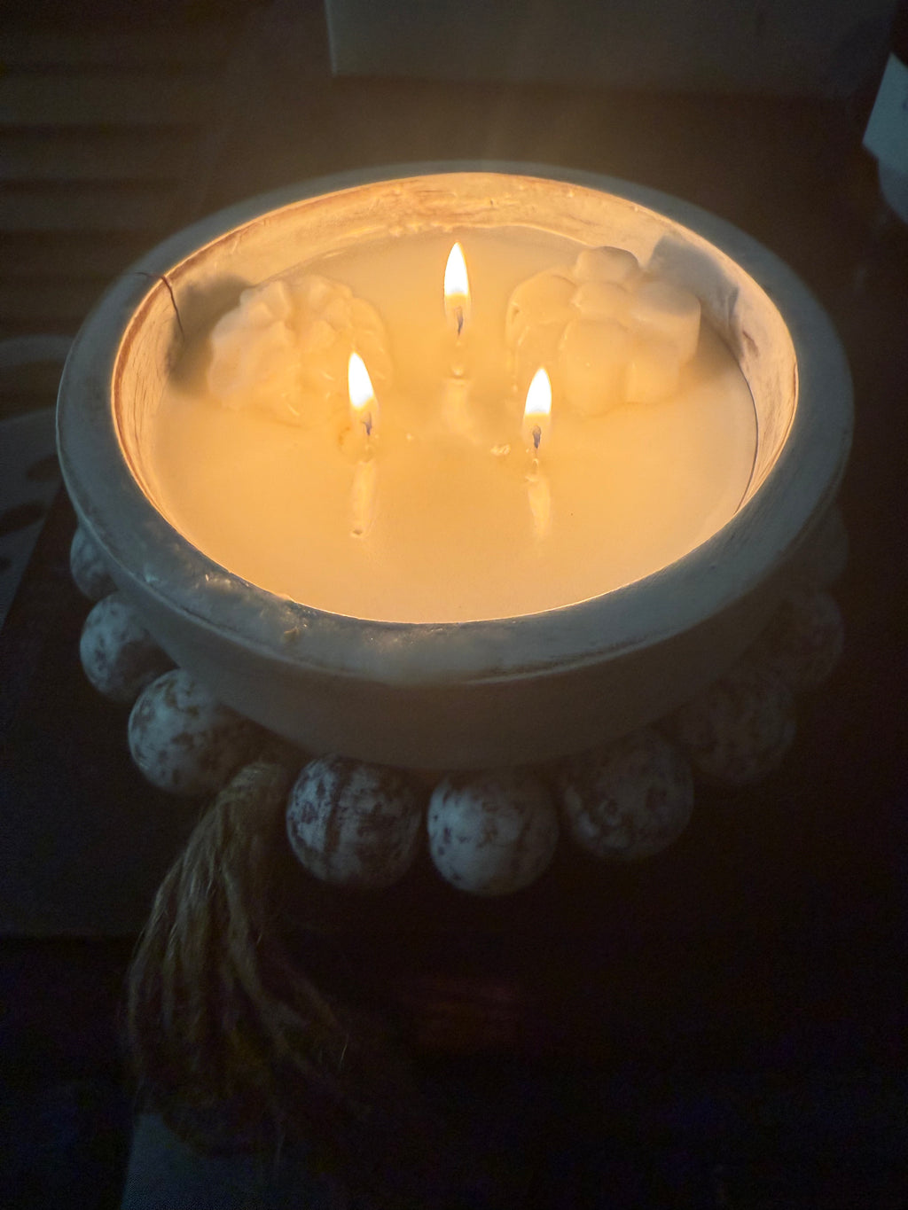 Three wick white boho dough bowl 14 oz candle